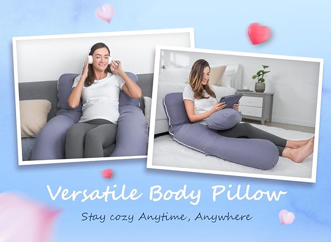QUEEN ROSE Pregnancy Pillows, 60 Inch Cooling U Shaped Body Pillow for Sleeping, Extra Long Maternity Pillow for Pregnant Women, Body Support for Adults, with Soft Silky Cover, Blue