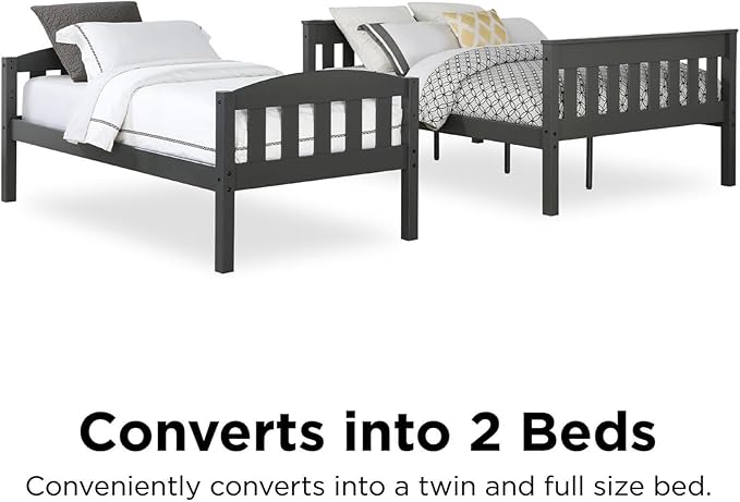 DHP Airlie Convertible Wood Bunk Bed Twin Over Full Size, Stackable and Detachable Bed Frames for Kids, Teens, Angled Ladder, High Guardrail, Wood Slats, No Boxspring Required, Grey