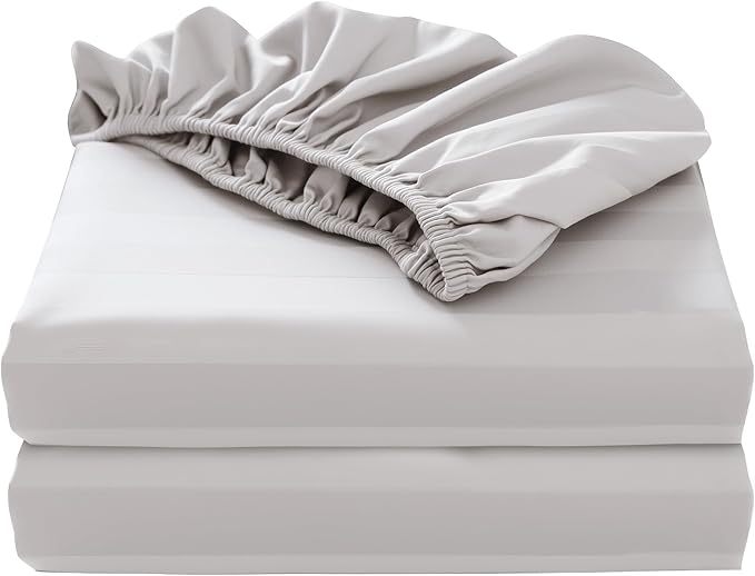 2-Pack Pure Cotton Twin XL Fitted Sheet for Adjustable Bed Split King, 600 TC 16" Deep Pocket Egyptian Cotton Fitted Sheet (2pcs, Twin XL, Stripted Light Beige)