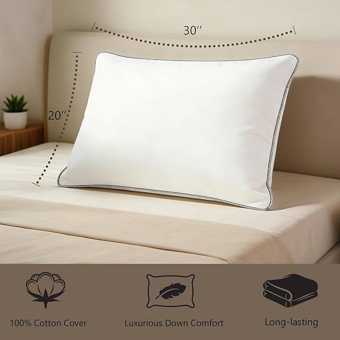 Luxury Down Feather Pillow Set of 2 - Queen/King Bed Pillows for Sleeping with Premium 100% Cotton Cover (Queen)