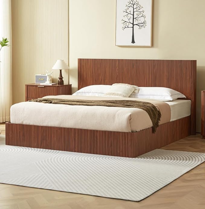 Bellemave King Lift Up Storage Bed, Walnut Wood Lift Up Bedframe King, Wooden Corrugated Curved Lines, Hydraulic Storage,Walnut
