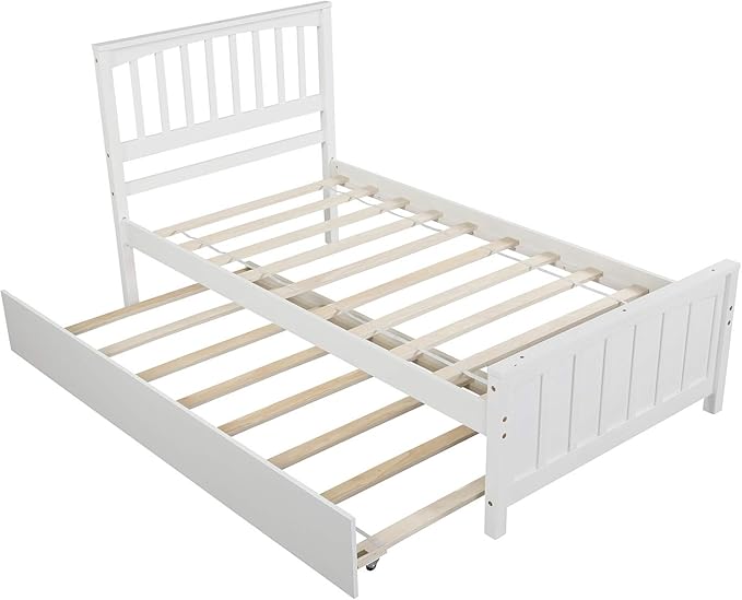 Ball & Cast Twin Bed Frames,Dyabed Platform Bed W/Pull Out Trundle Bed and Headboard,Wood Slats Support,Mattress not Included,for Bedroom,Guest Room,Apartment,White