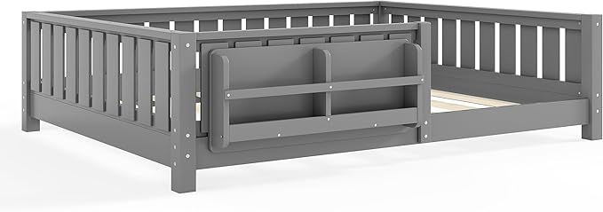 Bellemave Full Size Kids Montessori Bed with Bookshelf,Solid Wood Full Floor Bed Frame with Fence and Slats for Girls Boys,Low-Profile,Gray