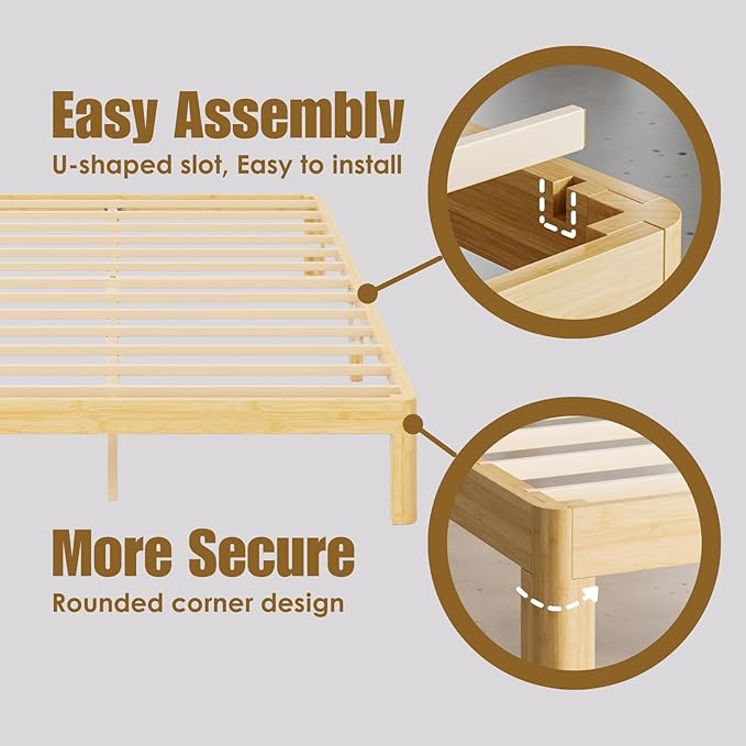 12 Inch High Bamboo Wood Queen Bed Frame Platform, Steel Slat Support Bed Frame Queen Size Foundation, No Box Spring Needed, Easy Assembly, Noise Free, Reinforced