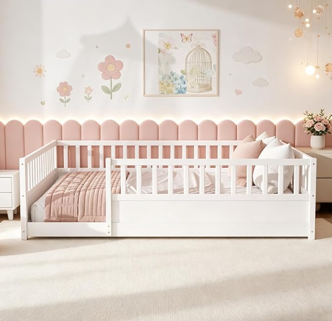 Bellemave Queen Floor Bed with high Fence, Solid Pine Wood Montessori Bed for Kids Girls Boys Floor Bed Frame, White with slats
