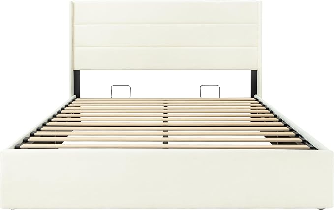 Allewie Full Size Lift Up Storage Bed, Chenille Fabric Upholstered, Modern Wingback Headboard, Hydraulic Support, No Box Spring Needed, Cream White