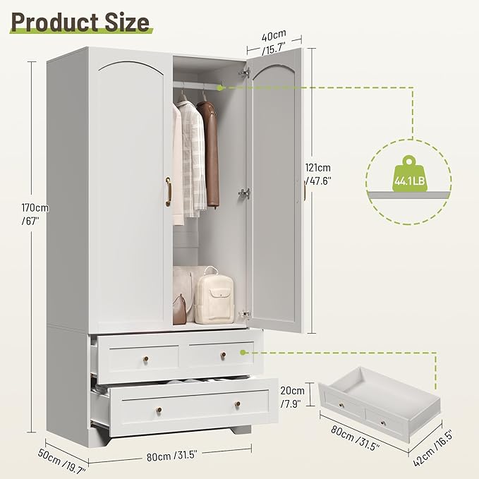 Armoire Wardrobe Closet with 2 Storage Drawers & 2 Door Cabinet, Bedroom Armoires with Full-Length Mirror, White Freestanding Wardrobe Combination with Hanging and Organizing Clothes for Home