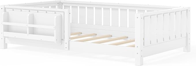 Bellemave Twin Size Kids Montessori Bed with Bookshelf,Solid Wood Twin Floor Bed Frame with Fence and Slats for Girls Boys,Low-Profile,White