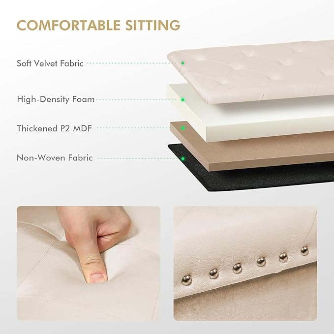 PINPLUS Folding Storage Ottoman Bench, Folding Velvet Tuffed Foot Rest Stool with Rivet, End of Bed Bench Large Long Shoes Chest for Bedroom Entryway Living Room, Beige, 41.3 Inches