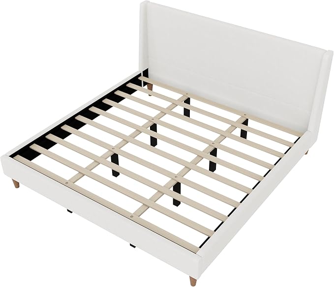 Merax Solid Wood King Size Boucle Bed Frame with Wingback Headboard, Modern Upholstered Platform with Walnut Wooden Legs, Strong Wooden Slats, No Box Spring Needed, Easy Assembly, Noise-Free, Ivory