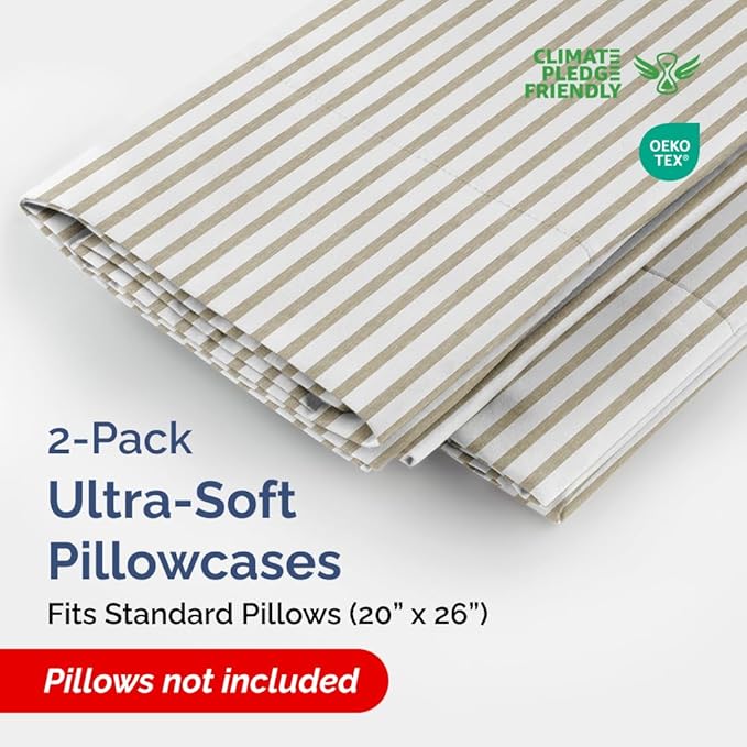 Standard Pillow Cases Set of 2 - Ultra-Soft Hotel Quality Pillowcase Covers - Comfy & Wrinkle Free - Stain and Fade Resistant - Machine Washable Pillow Protectors - 2 Piece Set - Beige Stripes 2