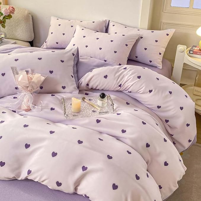 Nayoroom Purple Heart Duvet Cover Queen Size Cute Hearts Coquette Bedding Set Kids Girls Heart-Shaped Comforter Cover with Zipper Closure Soft Breathable Microfiber