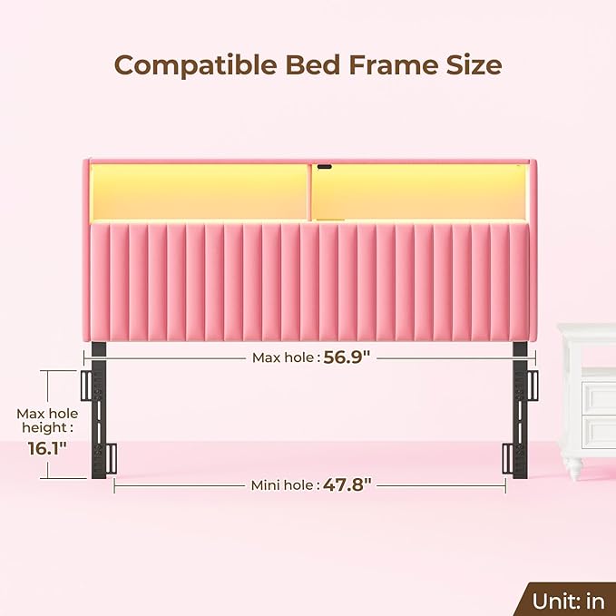 Rolanstar Headboard for Full Size Bed with Storage, Head Board with USB & Type C Port, 60,000 DIY Color of LED Light, Velvet Upholstered, Height Adjustable, Sturdy, Easy Assembly, Pink