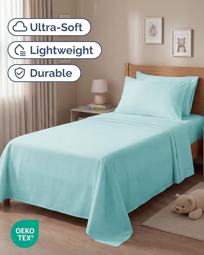 Twin 4 Piece Sheet Set - Comfy, Breathable & Cooling - Hotel Luxury Bedding for Women, Men, Kids, Teens and Children - 1 Flat & 1 Fitted Sheet & 2 Pillowcases w/ Deep Pockets - Wrinkle Free - Spa Blue