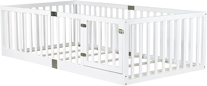 Bellemave Twin Size Montessori Floor Bed with 21.5" High Rails, Rubber Wood Twin Floor Bed with Slats and Door, White