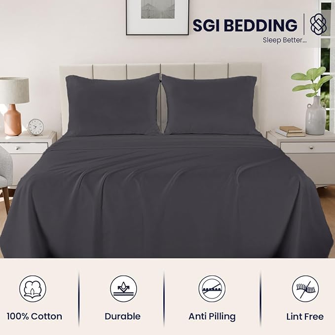 SGI bedding 100% Egyptian Cotton Sheets Full XL Size – 600 Thread Count Sheets Set, Soft, Cooling, 15" Deep Pocket, Luxury Hotel Bedding, Breathable, Durable - Dark Gray