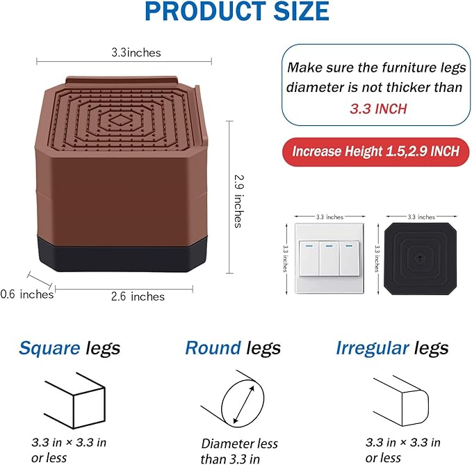 ANNKUT Bed Risers and Furniture Risers, Heavy Duty Adjustable Lifting Blocks for Couches, Desks, and Chairs, Elevates 1.5 or 3 Inches, Holds up to 4000 lbs (Brown)