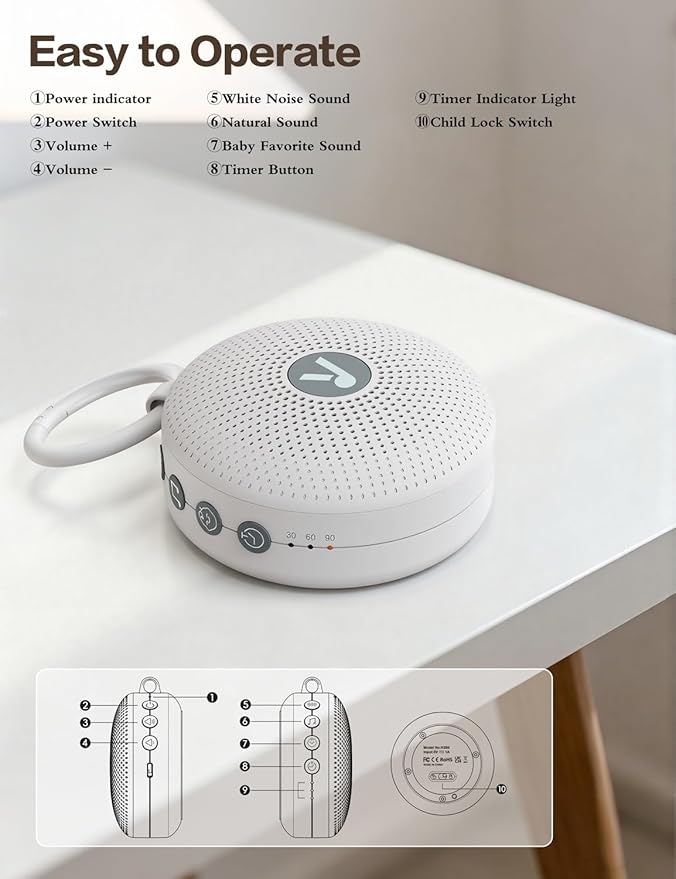 Portable Sound Noise Machine for Baby Kids Adult with 21 Natural Soothing Sounds, Memory Function, 32 Levels of Volume, Powerful Battery, Noise Canceling, Sleep Sound Timer Therapy for Home, Travel