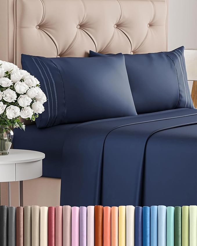 King Size 4 Piece Sheet Set - Comfy Breathable & Cooling Sheets - Hotel Luxury Bed Sheets for Women & Men - Deep Pockets, Easy-Fit, Extra Soft & Wrinkle Free Sheets - Navy Blue Oeko-Tex Bed Sheet Set