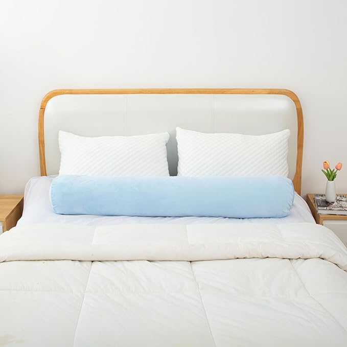 1 MIDDLE ONE Bolster Pillow for Bed, Long Round Body Pillow for Adults with Removable Velvet Cover, Decorative Tube Roll Cylinder Pillow, 47 x 7.87 Inch, Light Blue