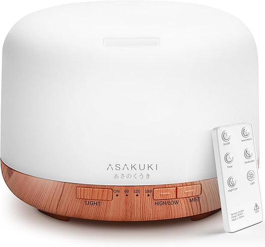 ASAKUKI Essential Oil Diffuser for Home, 500ML Aromatherapy Diffuser Humidifier with Remote Control, 7 Color LED Lights, Quiet Cool Mist Diffuser for Bedroom, Living Room, Office (Yellow)
