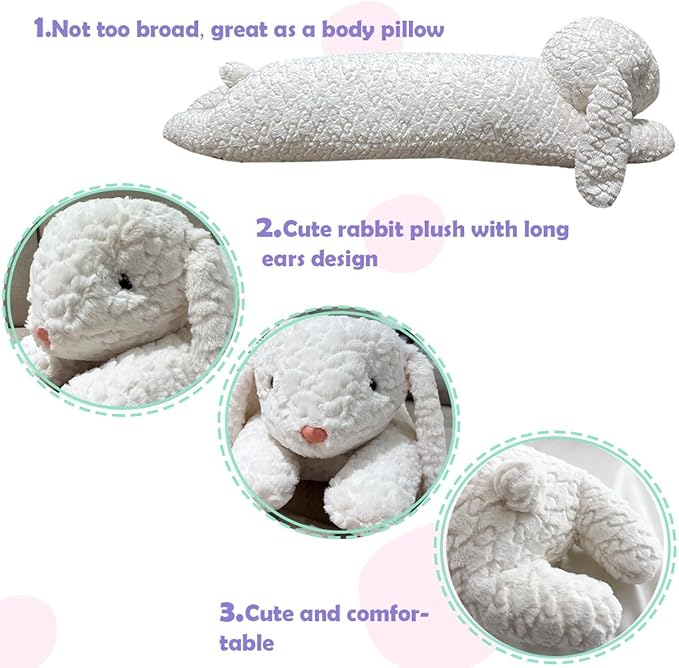 Rabbit Plush Pillow, Rabbit Stuffed Animal, Rabbit Plush Long Body Pillow Gift for Kids Adults (White,47 inch)