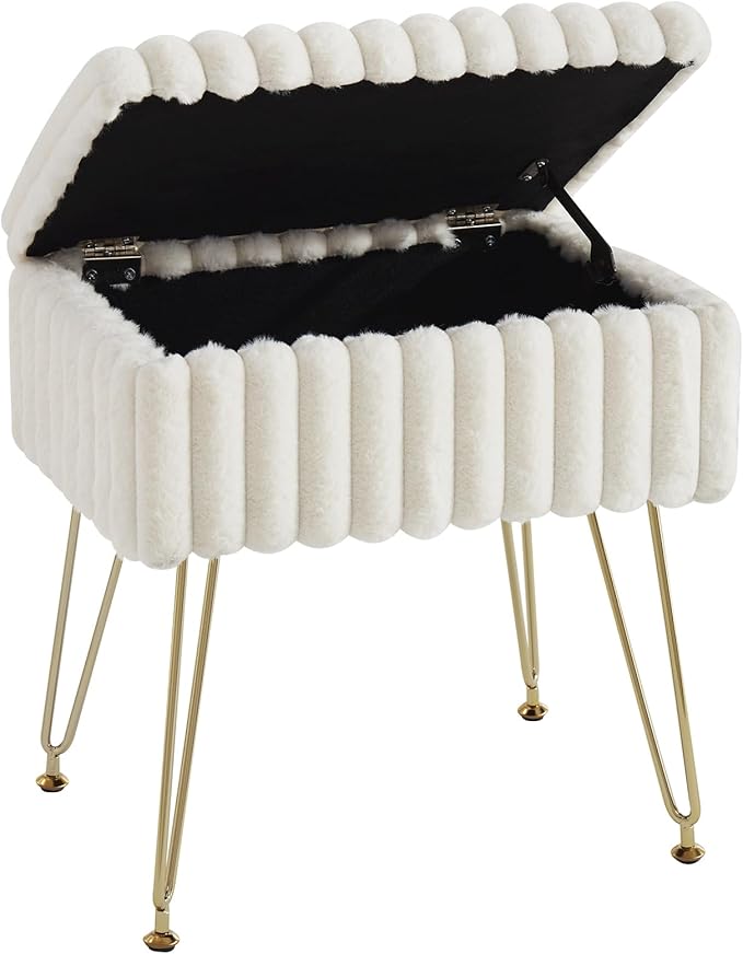 EBENCHICO Vanity Stool Chair with Storage, Faux Fur Stools for Vanity Makeup, Foot Stool Ottoman with 4 Metal Legs, Small Vanity Bench Seat Chairs for Living Room Bedroom