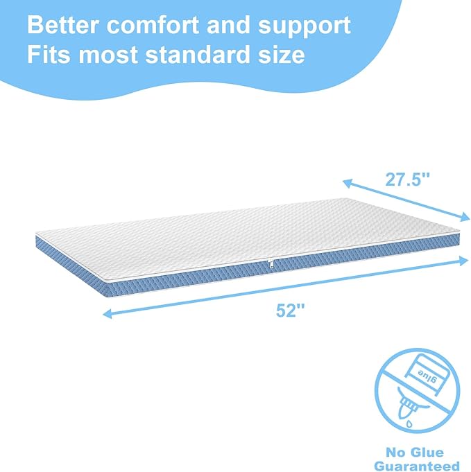 2"x27.5"x52" Mattress Topper, Ultra-Soft Gel-Infused Memory Foam, Odorless & Noiseless Water-Proof Surface, Detachable and Washable Outer Cover, Pure White & Blue