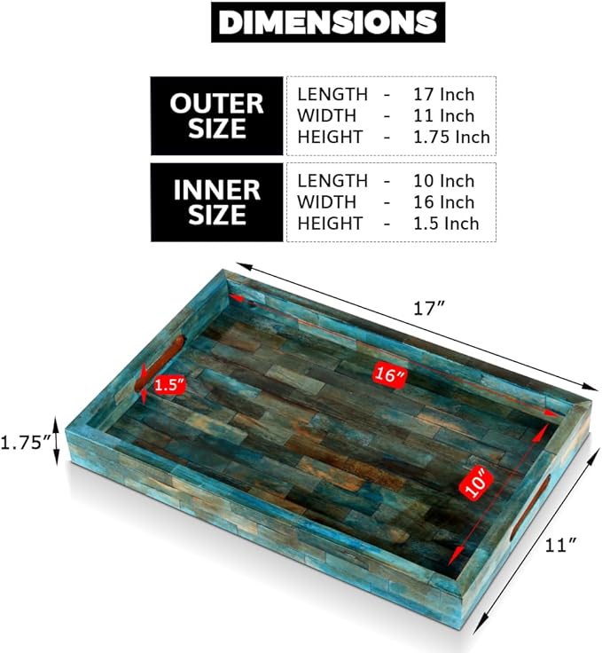 Handicrafts Home Verdigris Bone Inlay Decorative Tray 17x11, Handmade Organizer Coffee Table & Ottoman Tray with Handles, Serving Tray for Guest Living Room, Dining & Centerpiece Home Decor Gift