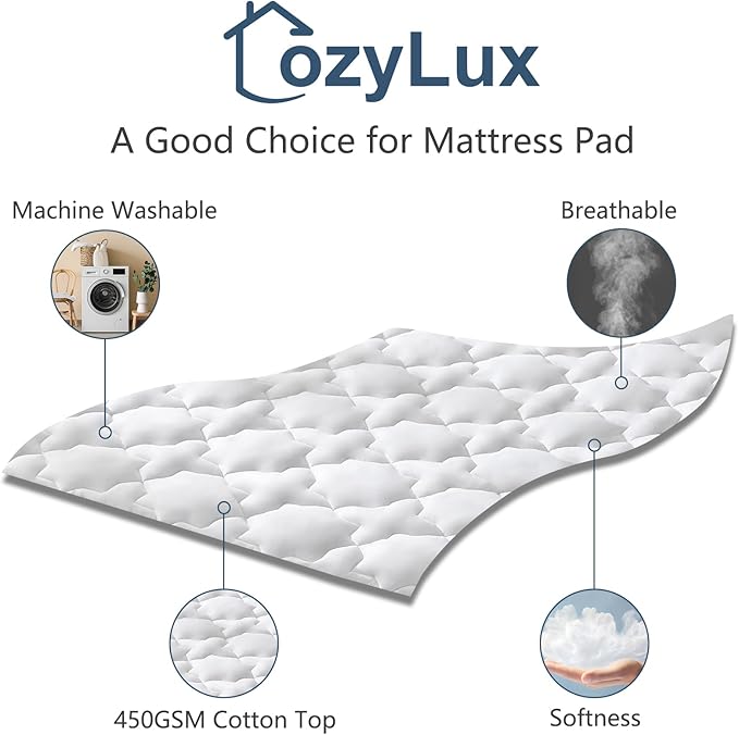 CozyLux Queen Mattress Pad, 450GSM Quilted Cooling Cotton Top Mattress Topper, Extra Deep Pocket Fits 8-21 inches, Oeko-TEX Certified, Plush Soft & Breathable Bed Pad (60"x80", White)