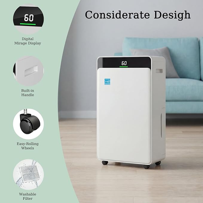 Ludatido 2026 Upgraded ENERGY STAR Dehumidifier, 80 Pint/Day, 5000 Sq.Ft for Whole Home & Basement, 1.72 Gal Tank, 35dB Quiet, Child Lock, Sleep/Fan/Dry Modes, 24H Timer & Auto Continuous Drain
