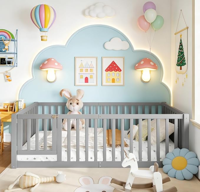 Bellemave Twin Size Montessori Floor Bed with 23.5" High Rails, Pine,Plywood Floor Bed with Small Door, Grey