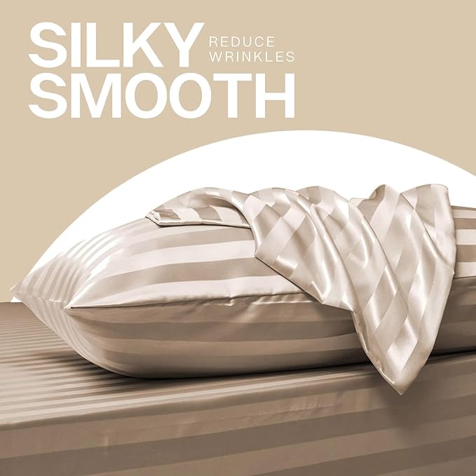 MR&HM Satin Pillowcase for Hair and Skin, Silk Satin Pillowcase 2 Pack, King Size Pillow Cases Set of 2, Silky Pillow Cover with Envelope Closure (20x36, Champagne Striped)