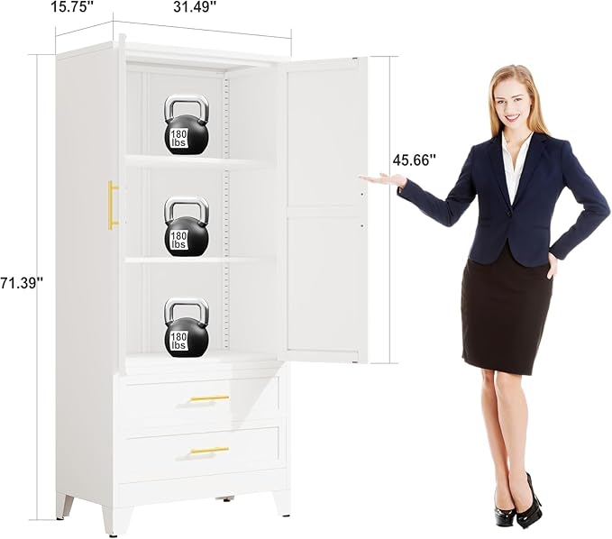 erosoei 71" H Metal Pantry Storage Cabinet,Office File Cabinets with 2 Drawers and Shelves, Kitchen Cupboard Storage Cabinet for Bedroom and Dinning Room（White）