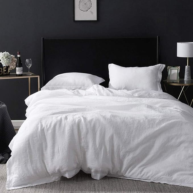 Simple&Opulence 100% Linen Duvet Cover Set with Embroidery Border Washed - 3 Pieces (1 Duvet Cover with 2 Pillow Shams) with Button Closure Soft Breathable Farmhouse - White, Queen Size