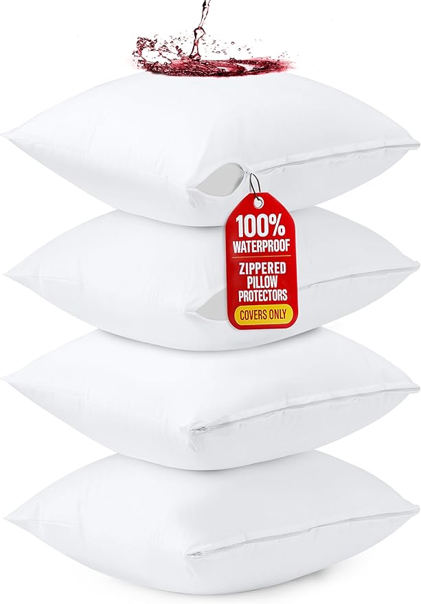 Utopia Bedding 4 Pack Waterproof Throw Pillow Protectors with Zipper 26 x 26 Inches (White), Bed Bug Proof Pillow Case Covers, Moisture Wicking Pillow Encasements