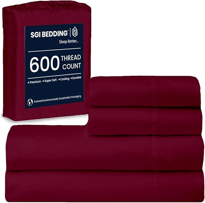 SGI bedding 100% Egyptian Cotton Sheets Queen Size – 600 Thread Count Sheets Set, Soft, Cooling, 15" Deep Pocket, Luxury Hotel Bedding, Breathable, Durable - Burgundy