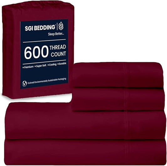 SGI bedding 100% Egyptian Cotton Sheets California King Size – 600 Thread Count Sheets Set, Soft, Cooling, 15" Deep Pocket, Luxury Hotel Bedding, Breathable, Durable - Burgundy
