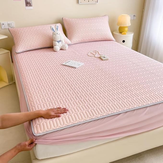 FCLDESHOP Easy to Change, Fold & Wash Sheet,Solid Color Latex Sheet Mat Fitted Sheets, Summer Ice Box Spring Mattress Cover Bedding Sheets Pillowcase,Pink,150cmx200cm (3pcs)