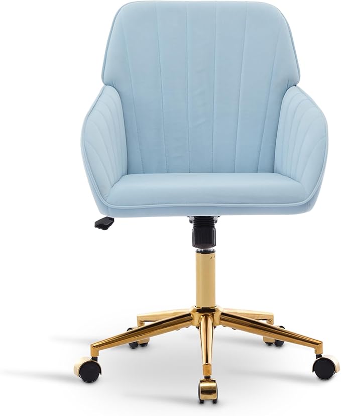 Velvet Vanity Chair with Wheels, Height Adjustable Swivel Makeup Chair, Armless Small Desk Chair for Bedroom/Office/Vanity Table, 250 lbs Capacity (Velvet, Blue-2)