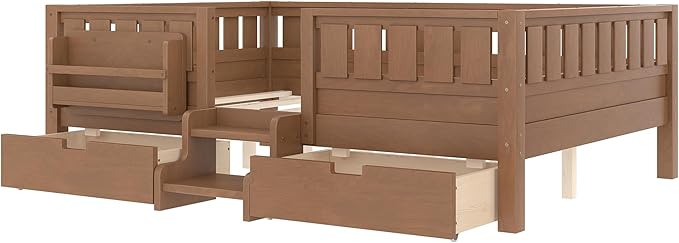 Bellemave Full Size Bed Frame with Storage Drawers & Bookshelf, Low Profile Kids Bed with Staircase & Full Length Guardrails, Solid Wood Full Size Bed Frame Kids with Slats Load 450 LBS, Oak Brown