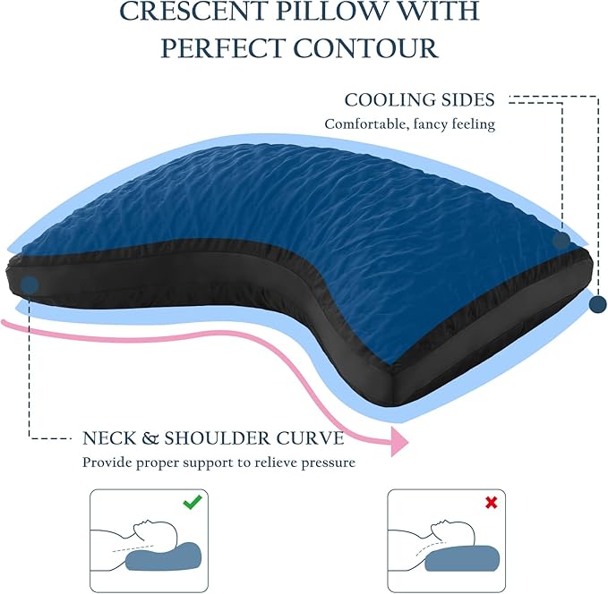 Cooling Sleeper Pillow for Neck and Shoulder Pain, Luxury Adjustable Shredded Memory Foam Curved Gusseted Crescent Pillow for Side and Back Sleepers, Black Cool Washable Cover, Queen Size for Home Bed