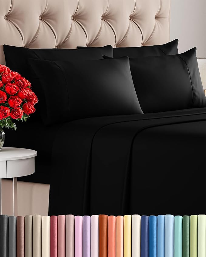 Queen 6 Piece Sheet Set - Comfy, Breathable & Cooling - Hotel Luxury Bedding for Women, Men, Kids, Teens and Children - 1 Flat & 1 Fitted Sheet & 4 Pillowcases w/ Deep Pockets - Wrinkle Free - Black