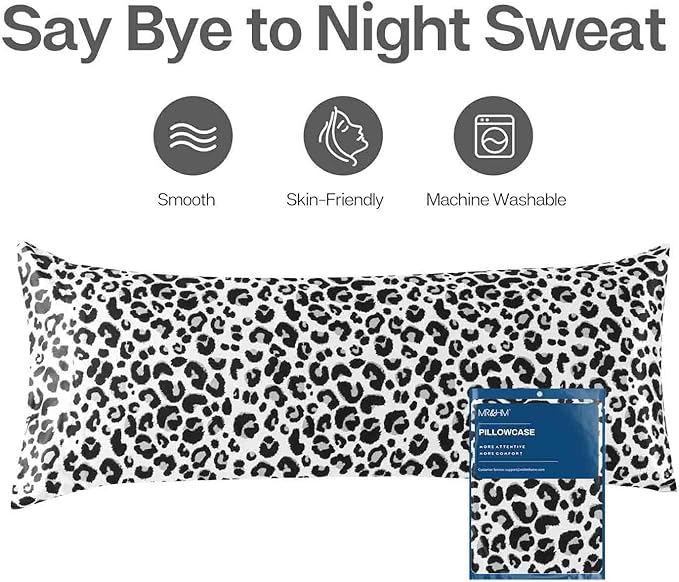 MR&HM Satin Body Pillow Cover, Soft and Breathable Body Pillow Case with Envelope Closure, Cooling and Silky Long Pillowcase for Hair and Skin,Grey (20x54, White Leopard)