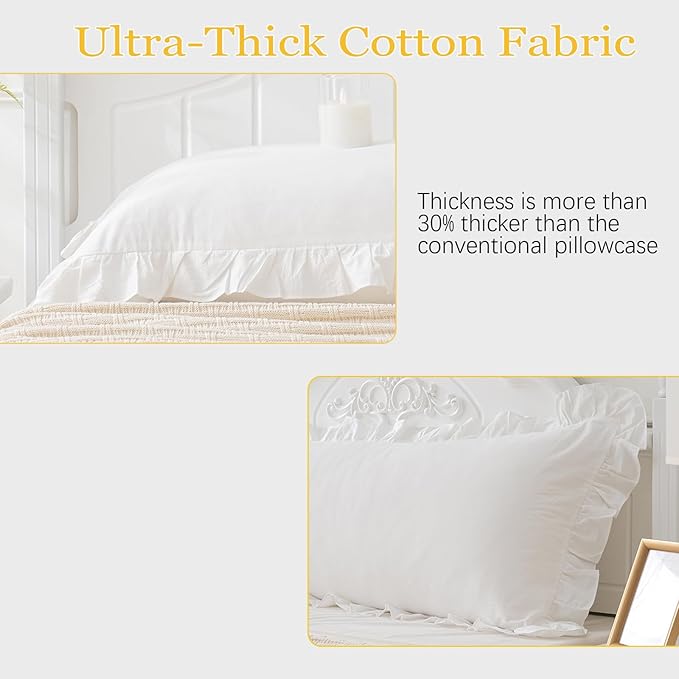 Vintage Off White Ruffle Euro Shams Shabby Farmhouse Pillow Cover 100% Washed Cotton Pillowcases Set of 2-26"x26" White