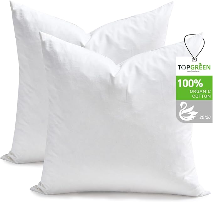 TOPGREEN Feather Down Throw Pillow Inserts 20 x 20, Set of 2, 100% Organic Cotton Shell, Soft Decorative Square Pillows Insert for Living Room Sofa, Couch, or Bed (White)