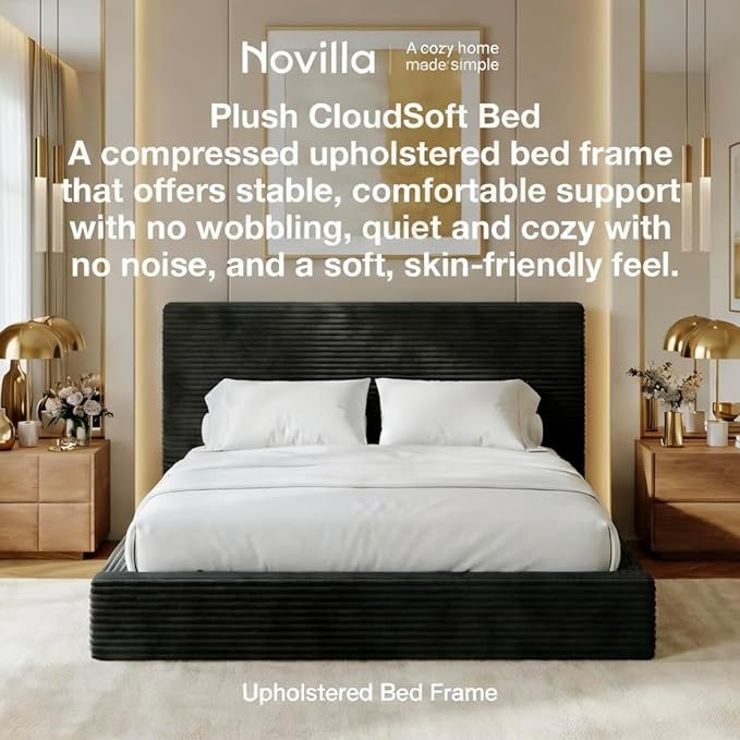 Novilla King Size Bed Frame, Plush CloudSoft Bed, Corduroy Upholstered Platform Bed Frame with Headboard, Easy Assembly, No Box Spring Needed, Modern Soft Bed Frame, Black
