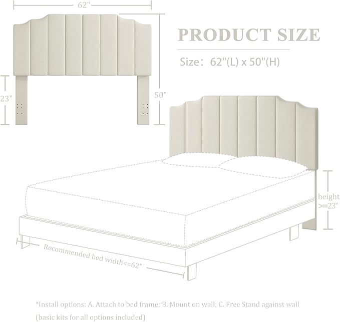 Befurtori Queen Size Headboard Only, Velvet Wall Mounted Headboard Queen/Full Size for Adjustable Bed, Modern Vertical Channel Design with Curved Tufted Upholstered Head Board, Cream