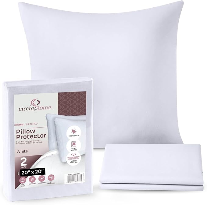 CIRCLESHOME Throw Pillow Protectors - 100% Cotton Breathable Pillowcases - 20 X 20 Square Pillowcases - Protects Pillows from Dirt, Dust and Debris (Square Pillow Protectors - 2 Pack- 20x20)
