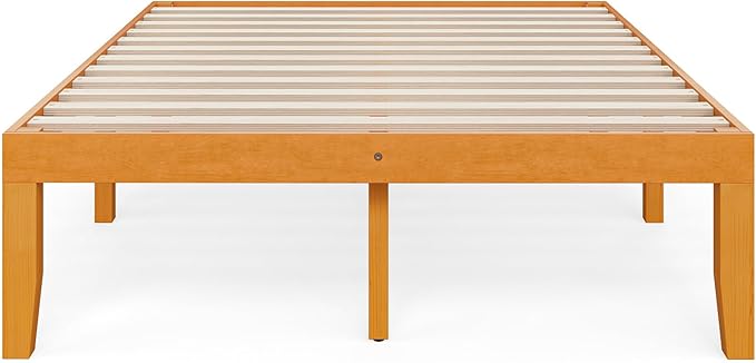 DUMOS Full Size Solid Wood Bed Frame 16 Inches, Sturdy Platform Bed with Heavy Duty Wood Slat Support, No Box Spring Needed, Easy Assembly, Natural Pine
